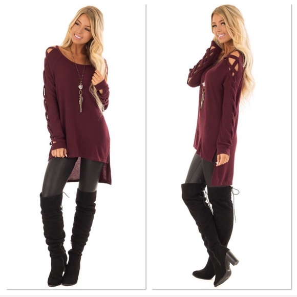 Wine Criss Cross Sleeve High Low Top - Picture 6 of 7